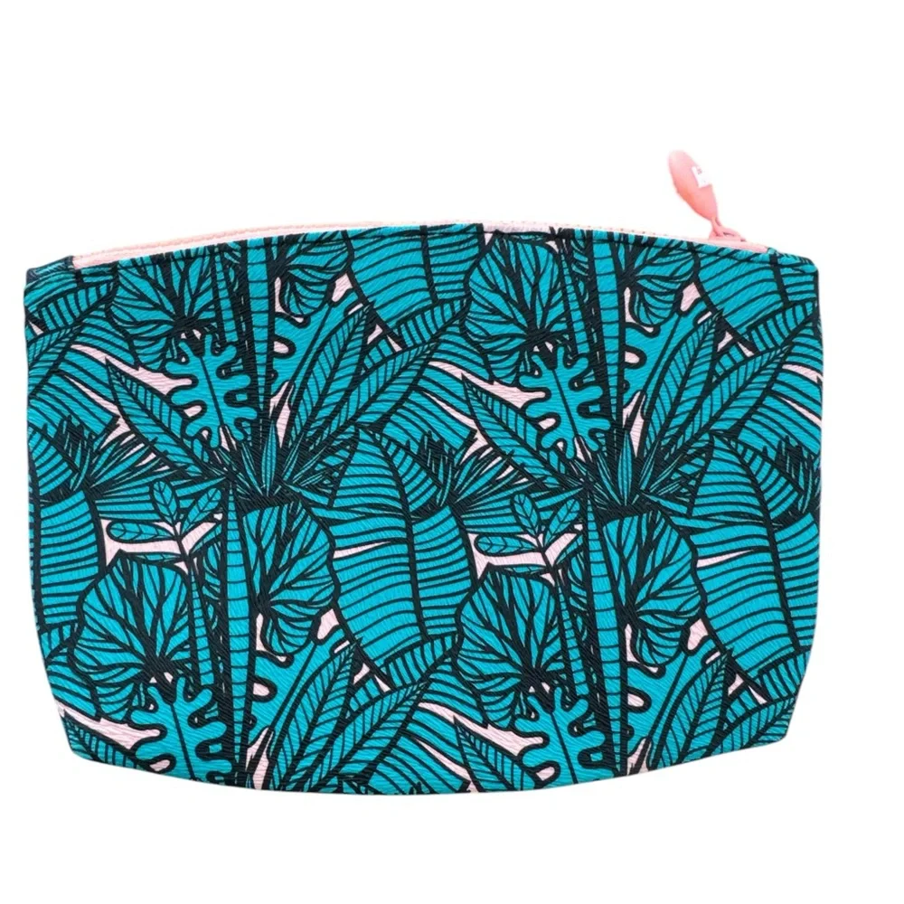 Ipsy Glam Bag Teal / Coral Vibrant Leaf Print Cosmetic Bag makeup pouch‎